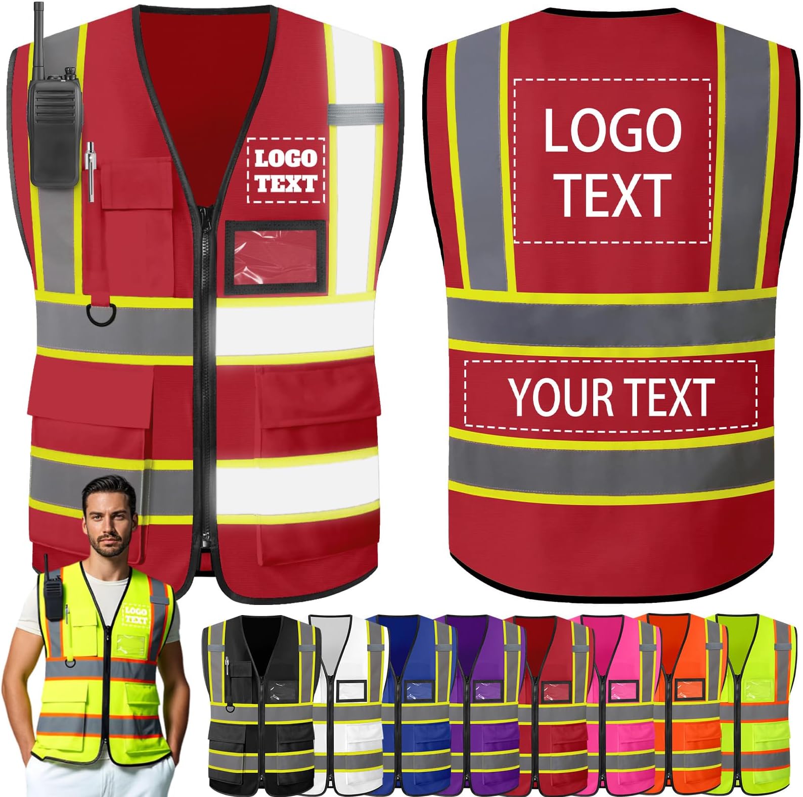 Custom Hi Vis Vest with Logo Personalised 2 Two Tone Reflective Safety Vests with Zip Pockets Customise for Work