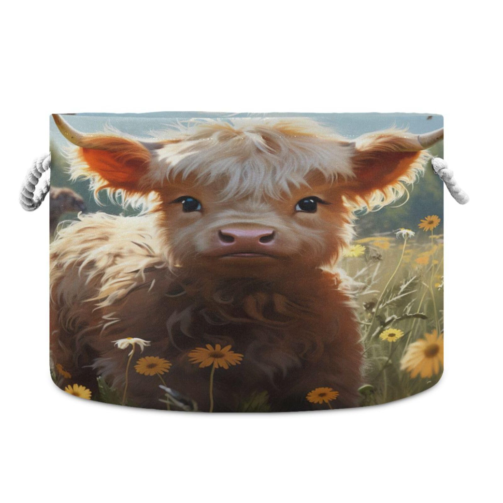 Round Cute Baby Highland Cow Yak Long Horns Daisy Storage Basket Large Organizer Bin Laundry Hamper Toy Storage Basket with Handle for Nursery Clothes Toys 202b4828