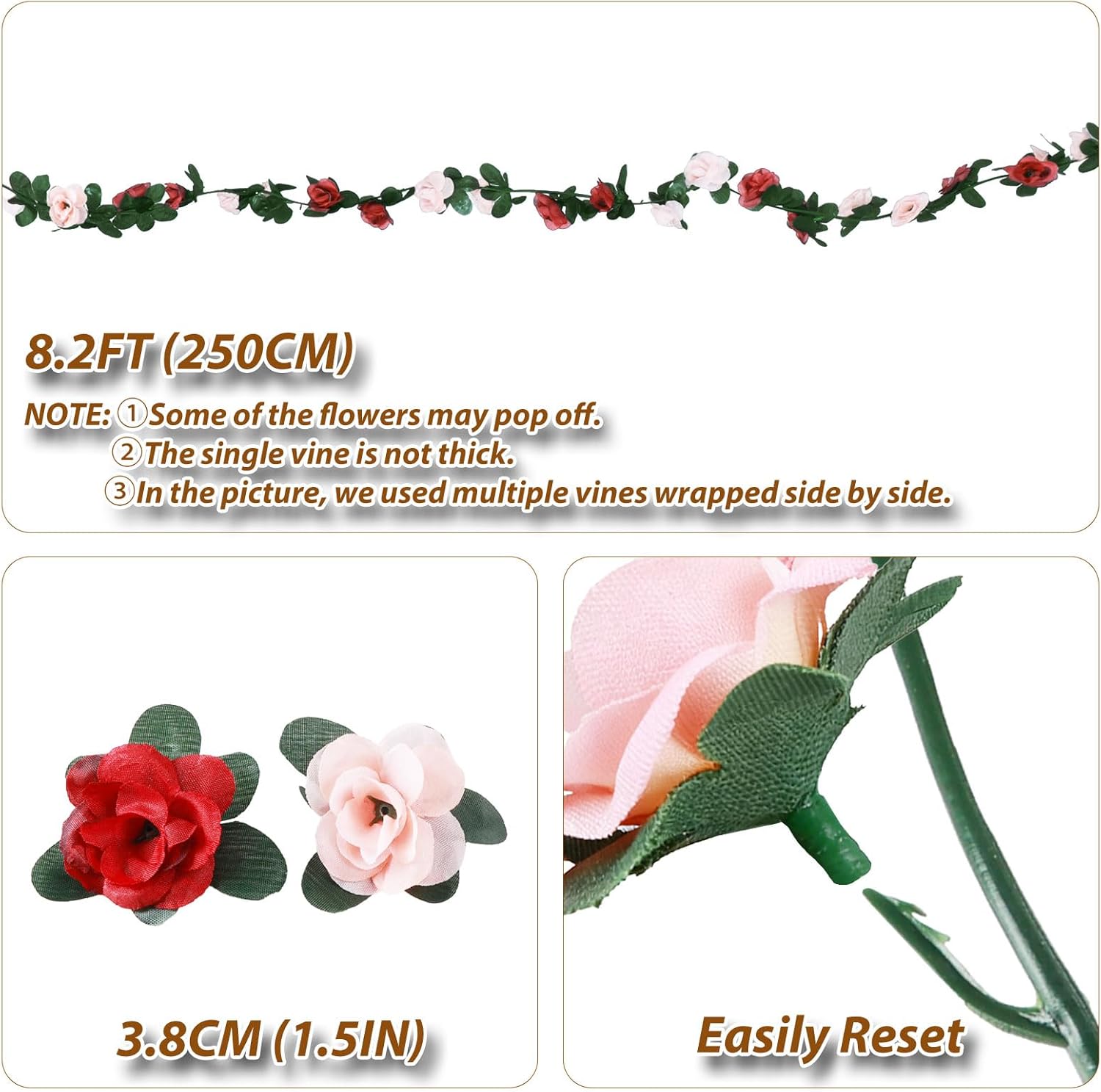 Miracliy 8Pcs 66FT Red Flower Garland, Orange Artificial Rose Floral Vines Fake Hanging Spring Flower Garland for Wall Backdrop Wedding Arch Tea Party Door Mantle Decoration - Image 3