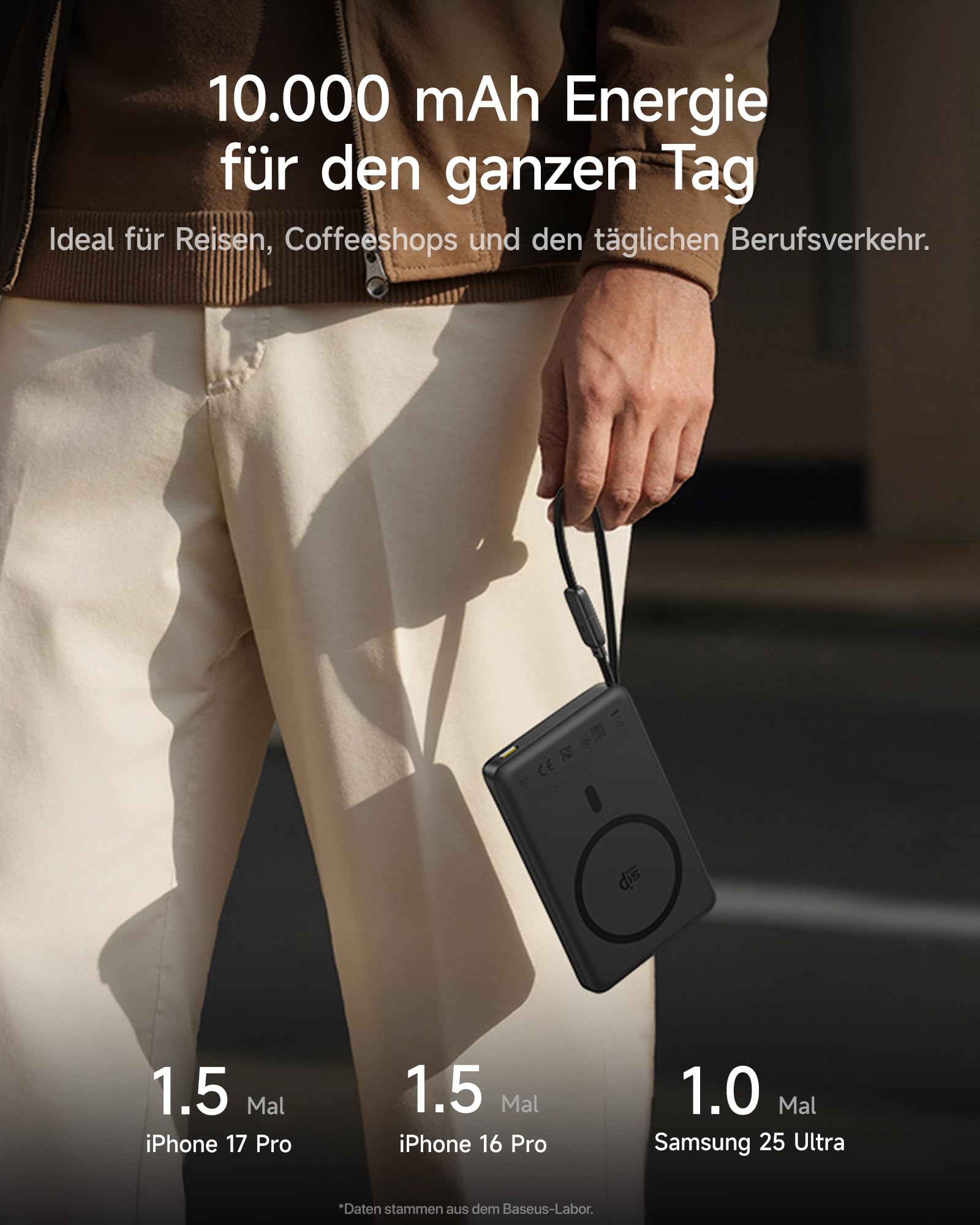 Baseus Picogo AM52 Power Bank, Qi2.2 Magsafe Powerbank 10000mAh, 25W Wireless, PD 45W Schnellladung, Integriertes USB C Kabel, Magnetische Externe Batterie Slim für iPhone 17/16/15/14/13/12, Schwarz