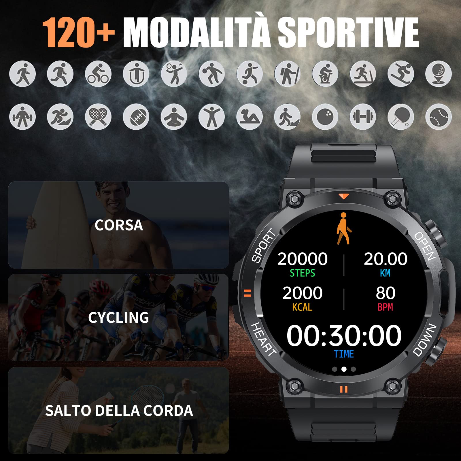 Smartwatch Uomo Orologio, 1.39" Fitness Militari Smart Watch Tracker di attività con Le Chiamate Bluetooth, 120+ modalità Sport, Cardiofrequenzimetro, SpO2, Notifiche WhatsApp per Android iOS (Nero)