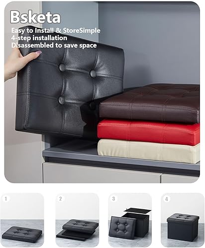 Miniatura 4 de Otomana de almacenamiento, taburete plegable con asiento acolchado de espuma más gruesa, otomana pequeña de almacenamiento de cuero, banco Negro