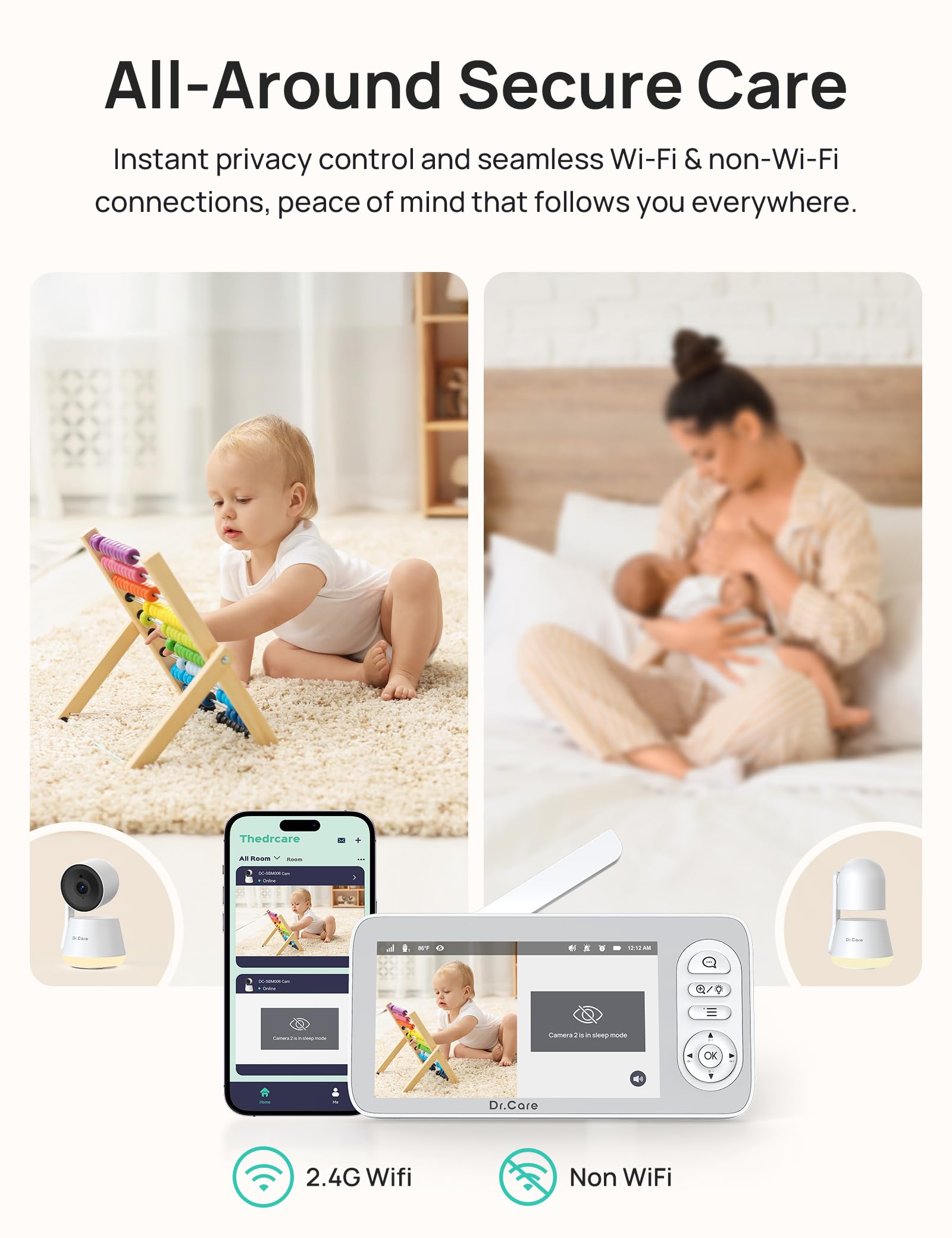 Dr.Care LumiView Plus Baby Monitor WiFi 5.5" – Telecamera 2K, Modalità Privacy, Batteria 5000mAh, Luce RGB, Allarme Pianto, Visione Notturna HD