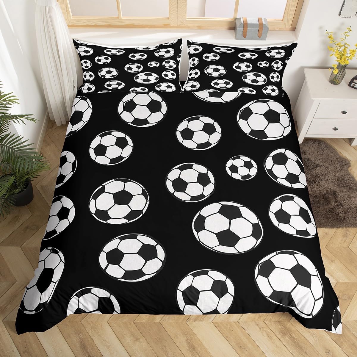 Football Toddler Bedding Sets Sports Duvet Cover for Boys Teen Soccer Sport Game Theme Comforter Cover Black And White Football Bedding Sets Soccer Room Decor Bedding Sets for Girls Kids 2 Pcs