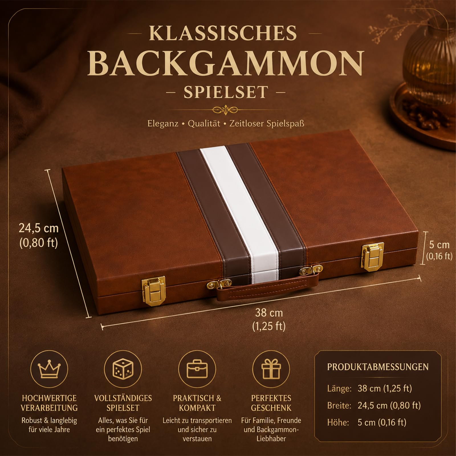 Set per backgammon, 38 x 24,5 cm, valigetta con rivestimento in feltro