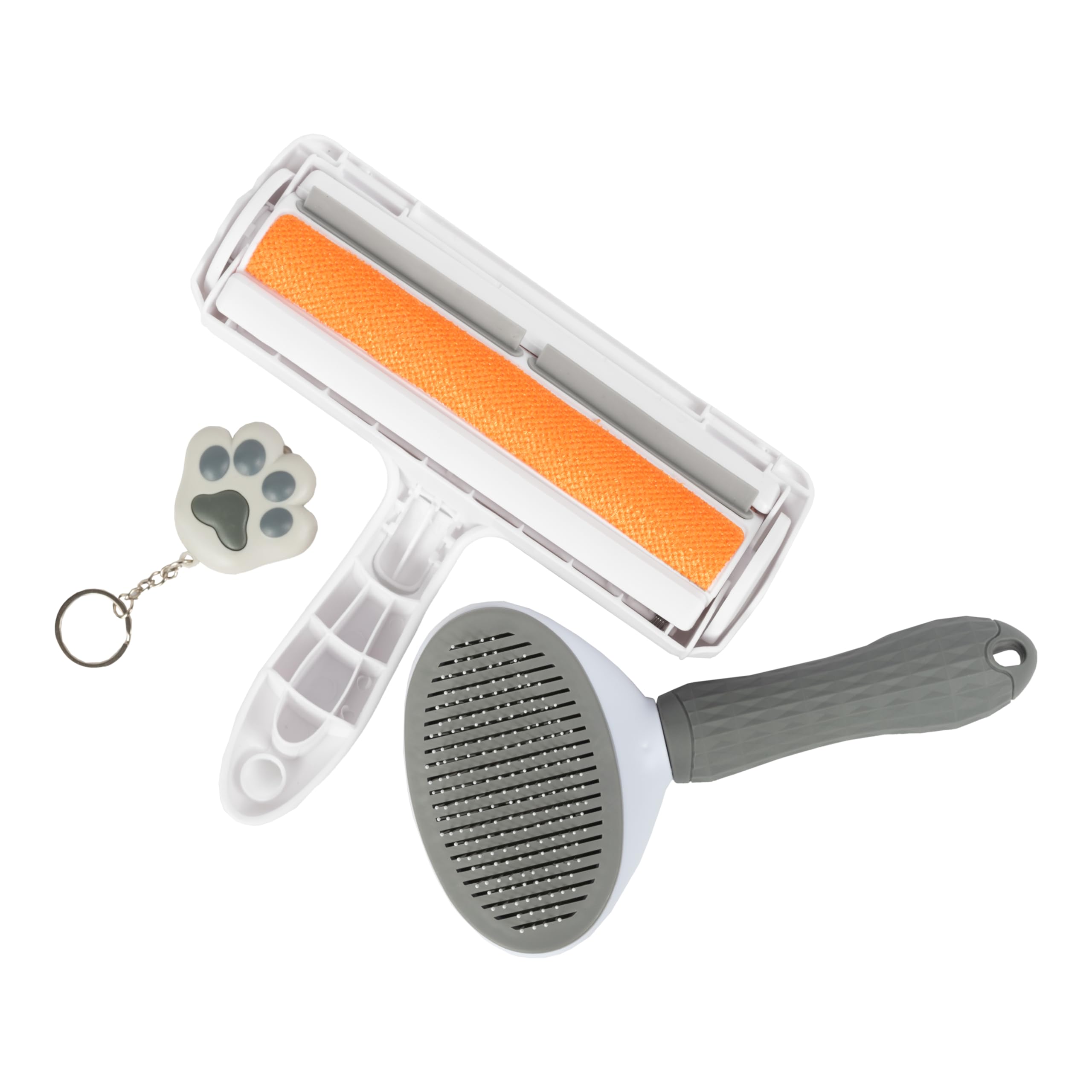 Pet hair remover combo: Reusable pet hair remover & self cleaning grooming/massage brush for pets. Bonus keychain