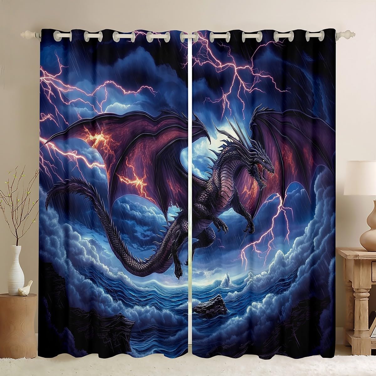 Western Dragon Kids Window Curtains,Lightning Dark Clouds Ocean Waves Window Drapes for Boys Men,Mystic Ancient Wild Animal Red Blue Window Treatments Grommet Top 2 Panel Set,38Wx45L inch