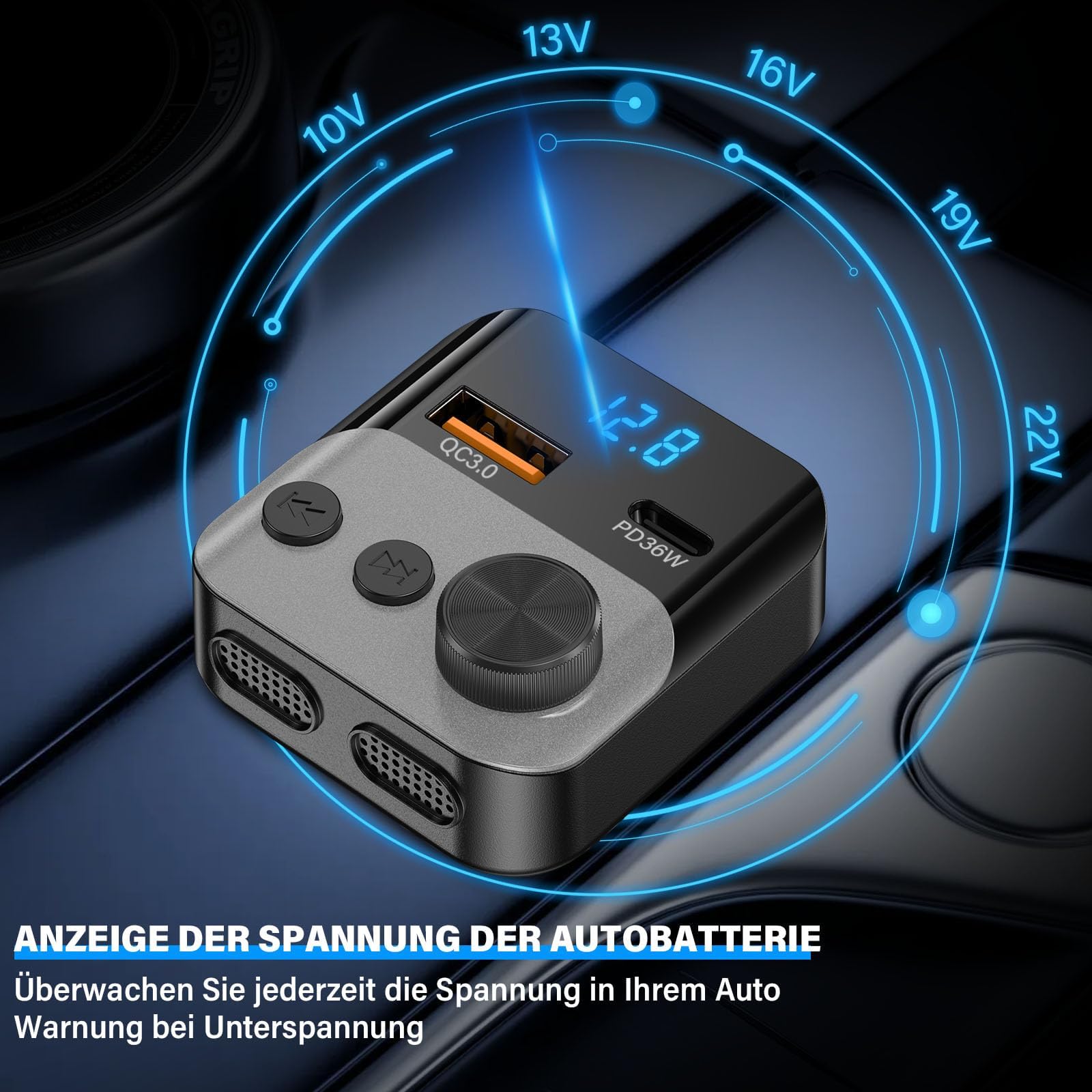 Adapter Bluetooth do samochodu, nadajnik FM - Bluetooth 5.3 zestaw głośnomówiący, ładowarka PD36W USB-C & QC3.0, adapter Bluetooth do samochodu z wyświetlaczem napięcia dla iPhone, Android Autoradio