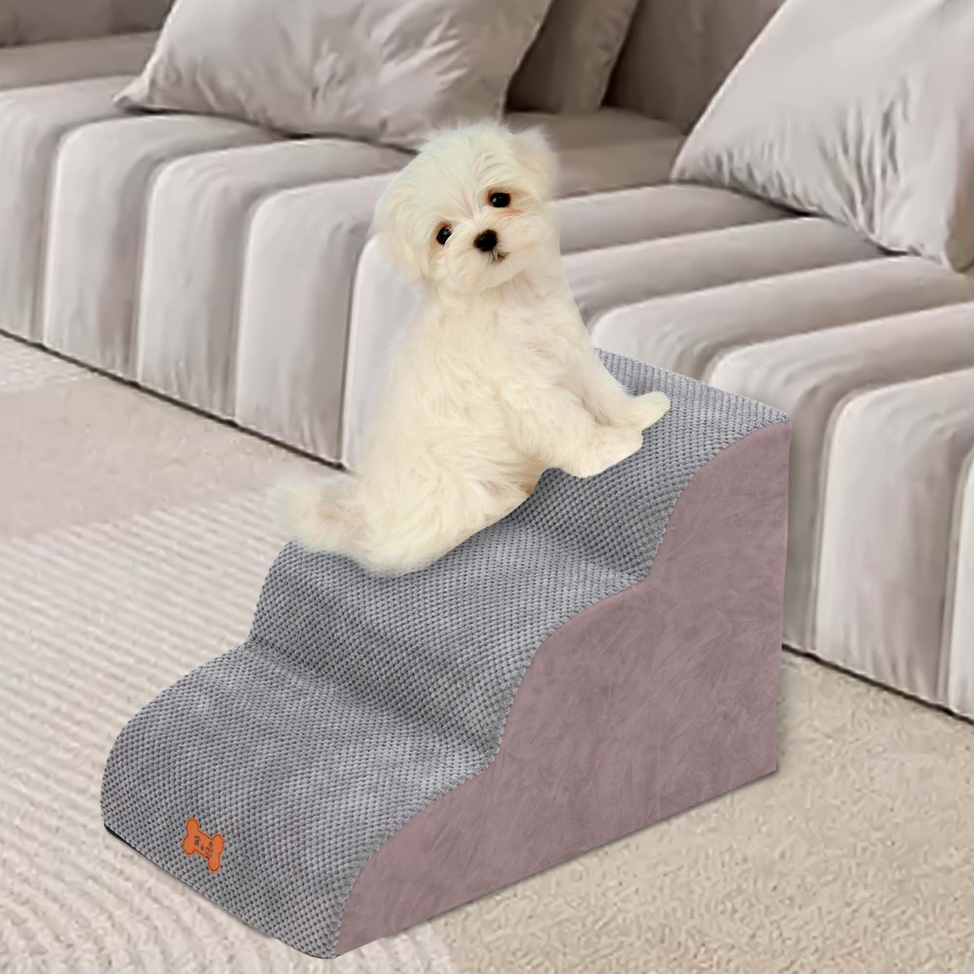 Escalera Perros Pequeños 3 Peldaños, Rampa para Mascotas de Espuma de Alta Densidad, Escalera Antideslizante para Ccachorros, Escalera para Perros para Subir a la Cama Extraíble y Lavable, 57x40x40cm