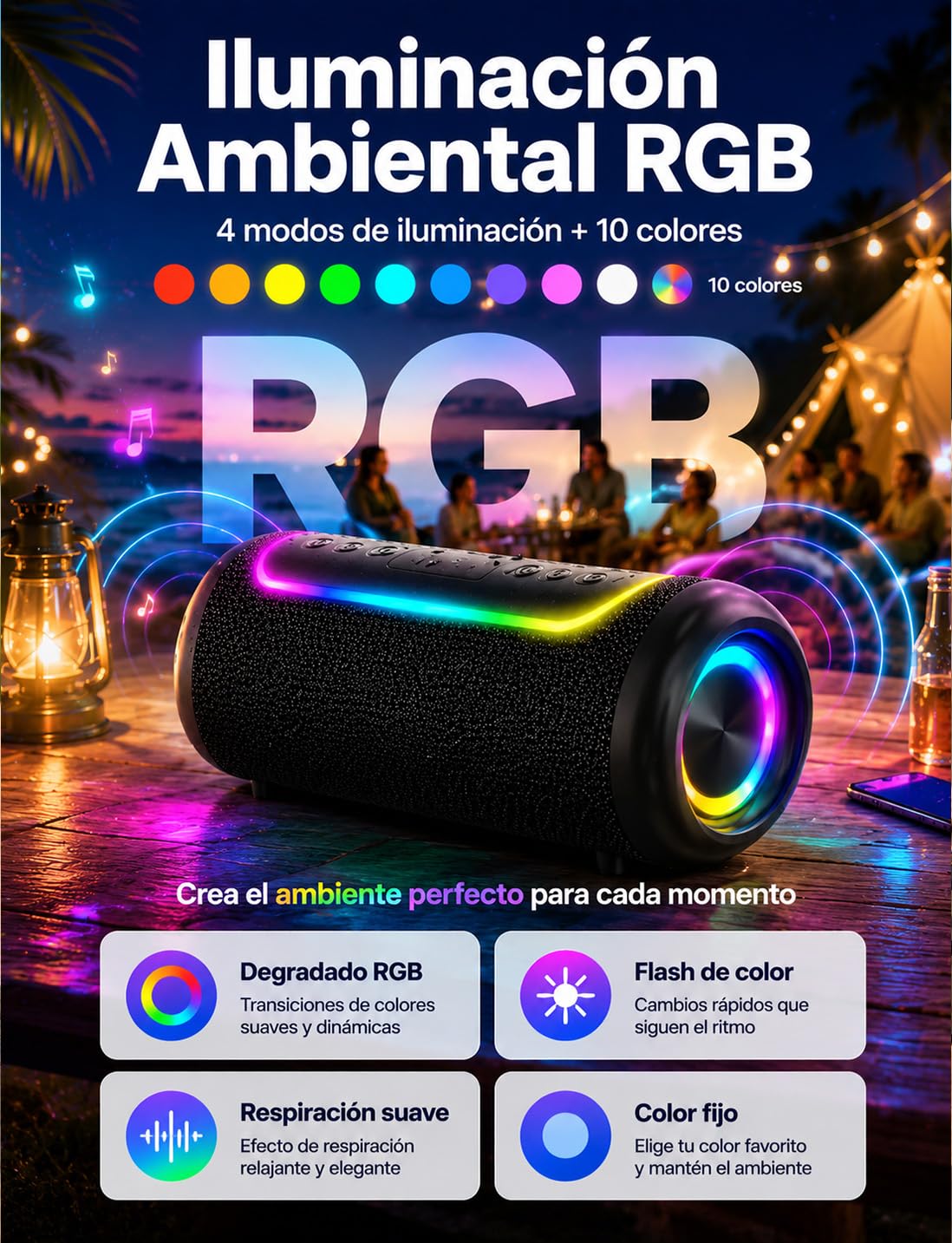 UOHHBOE Altavoz Bluetooth Portátil 30W, Sonido 360° y Graves Potentes | Bluetooth 5.4, Batería Hasta 30H, IPX5 Resistente al Agua, TWS Estéreo y Luces RGB para Fiestas, Playa y Camping