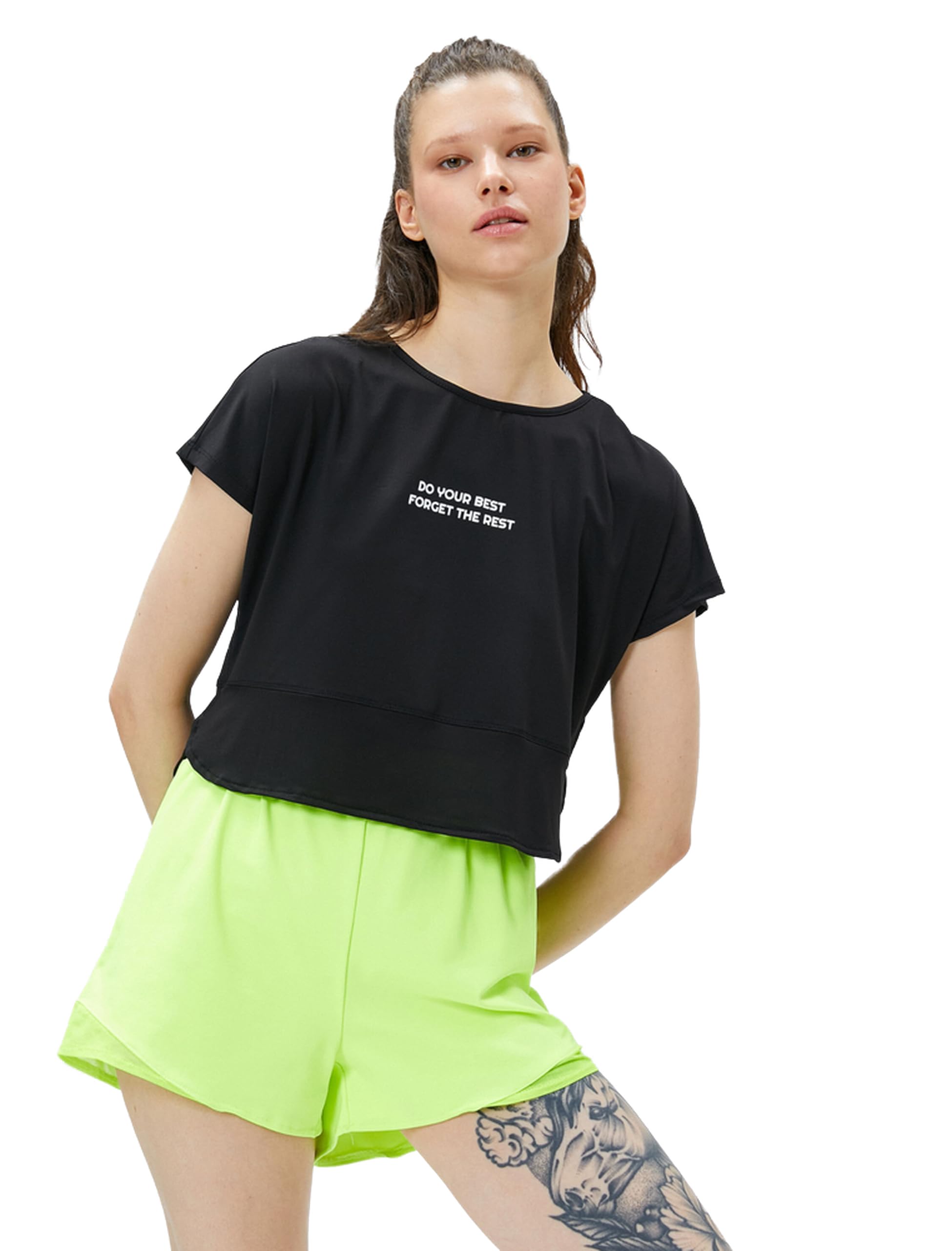 Crop Spor Tişört Slogan Baskılı