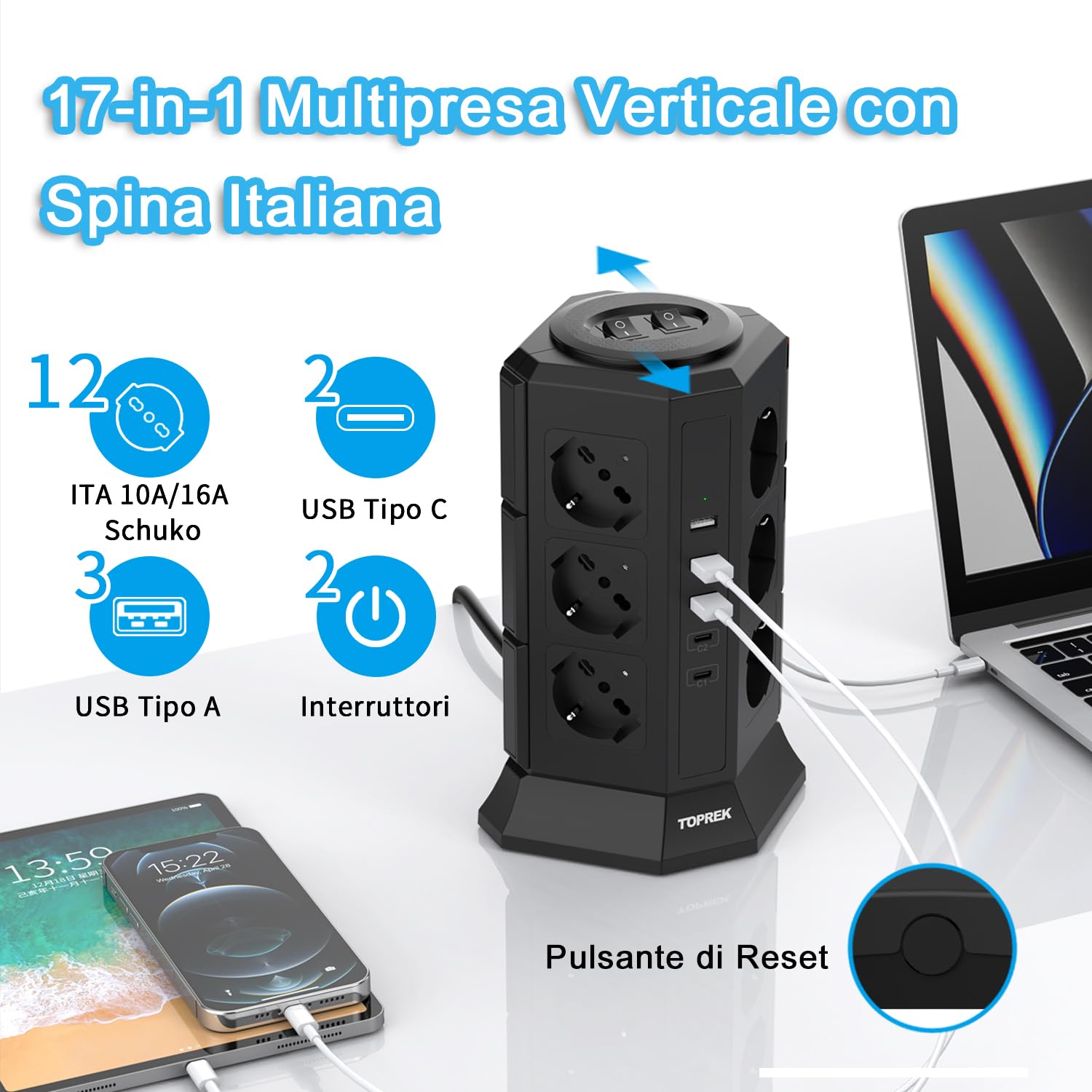 TOPREK Ciabatta Multipresa Verticale con 12 Prese Universali ITA 10/16A e Schuko e 2 USB C(20W PD3.0 Ricarica Rapida) e 3 USB A, Protezione Sovratensione, 4000W/16A, 2 Interruttore, 2M Cavo, Spina 16A