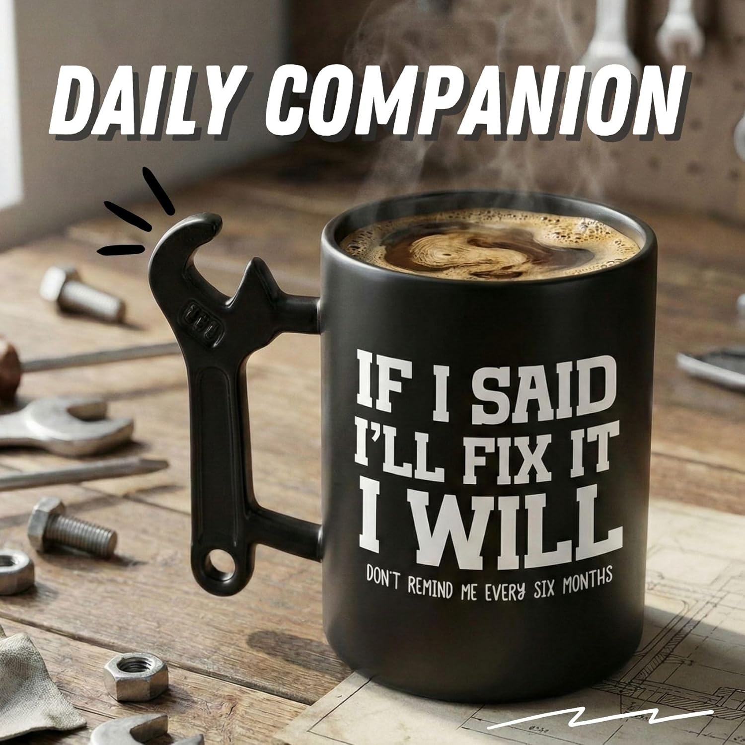 Onebttl Funny Coffee Mug with Wrench Spanner Handle, Gifts for Husband, Boyfriend on Birthday, Father's Day, Anniversary, Valentine's Day, 13.5oz - I Will - Image 2