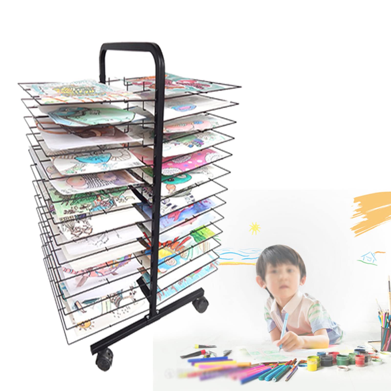 Aioneer High Capacity Art Drying Rack for Art Studio, Kindergarten and Schools, Mobile Double Sided Painting Drying Rack - 4 Casters,50-Layer