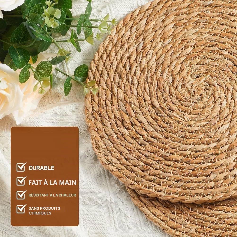 Lot de 10 sets de table ronds tissés à la main - 12 sets de table en rotin bohème - Pour table à manger, maison, mariage