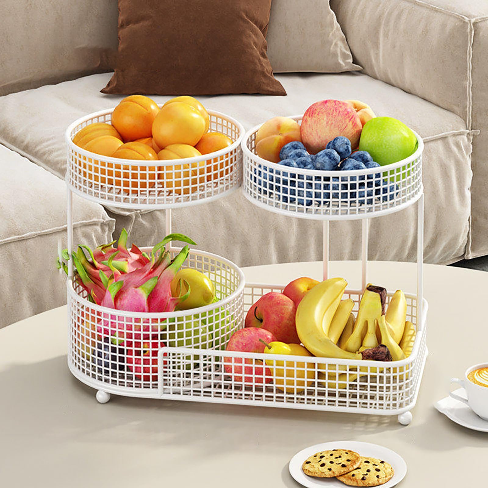 YYLMKMFC-AE 2 Tier Fruit Basket For Kitchen Counter Metal Bowl Vegetable Storage Corner Stand Bread Snack Veggies Holder Organizers(White,40x20x28cm)