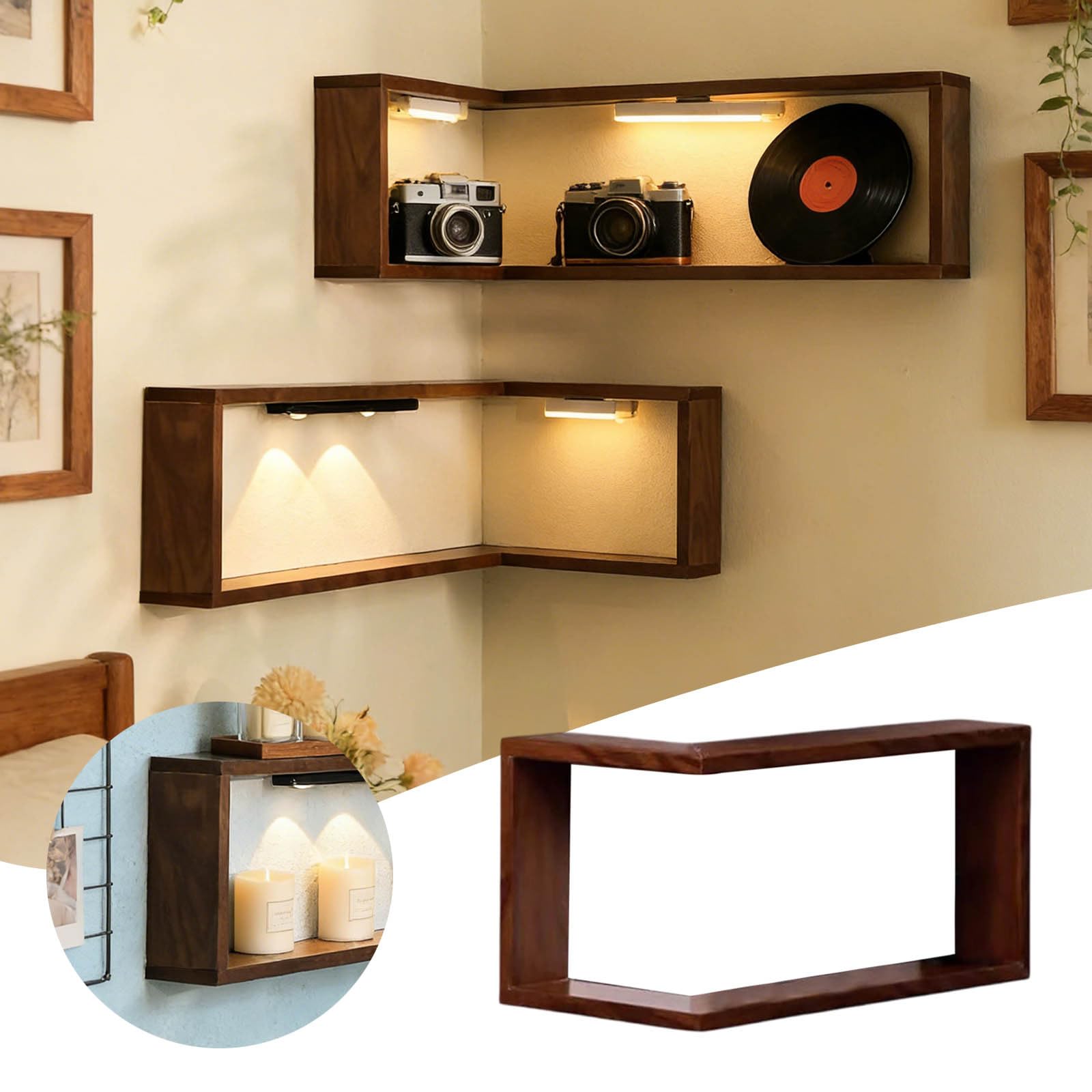 Étagères d'angle intelligentes qui illuminent votre espace - Étagères de rangement flottantes - Étagère d'angle murale en bois - Gain de place - Kaki x 2