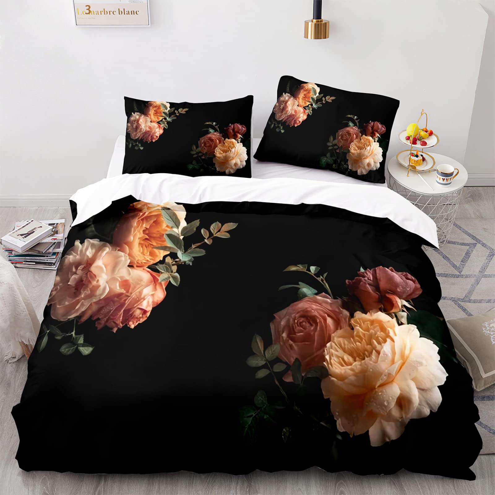 Lavable En La Lavadora Juego De Cama Flores Rosas Rojas Microfibra Funda Nordico 200X135 con 2 Fundas De Almohada 40X75Cm Fundas Nordicas Cama 90 135X200 Cm