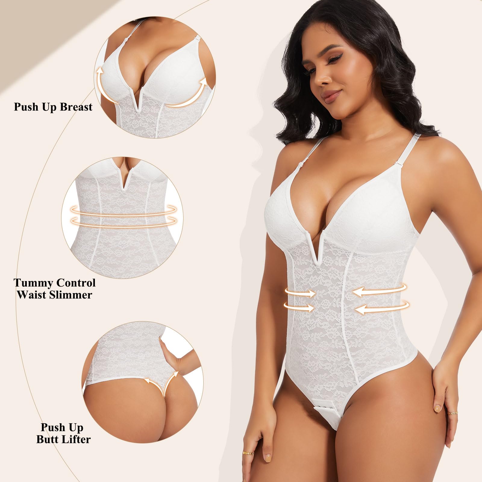 Joyshaper Shapewear - Body da donna in pizzo, modellante per la pancia, con scollo a V, modellante
