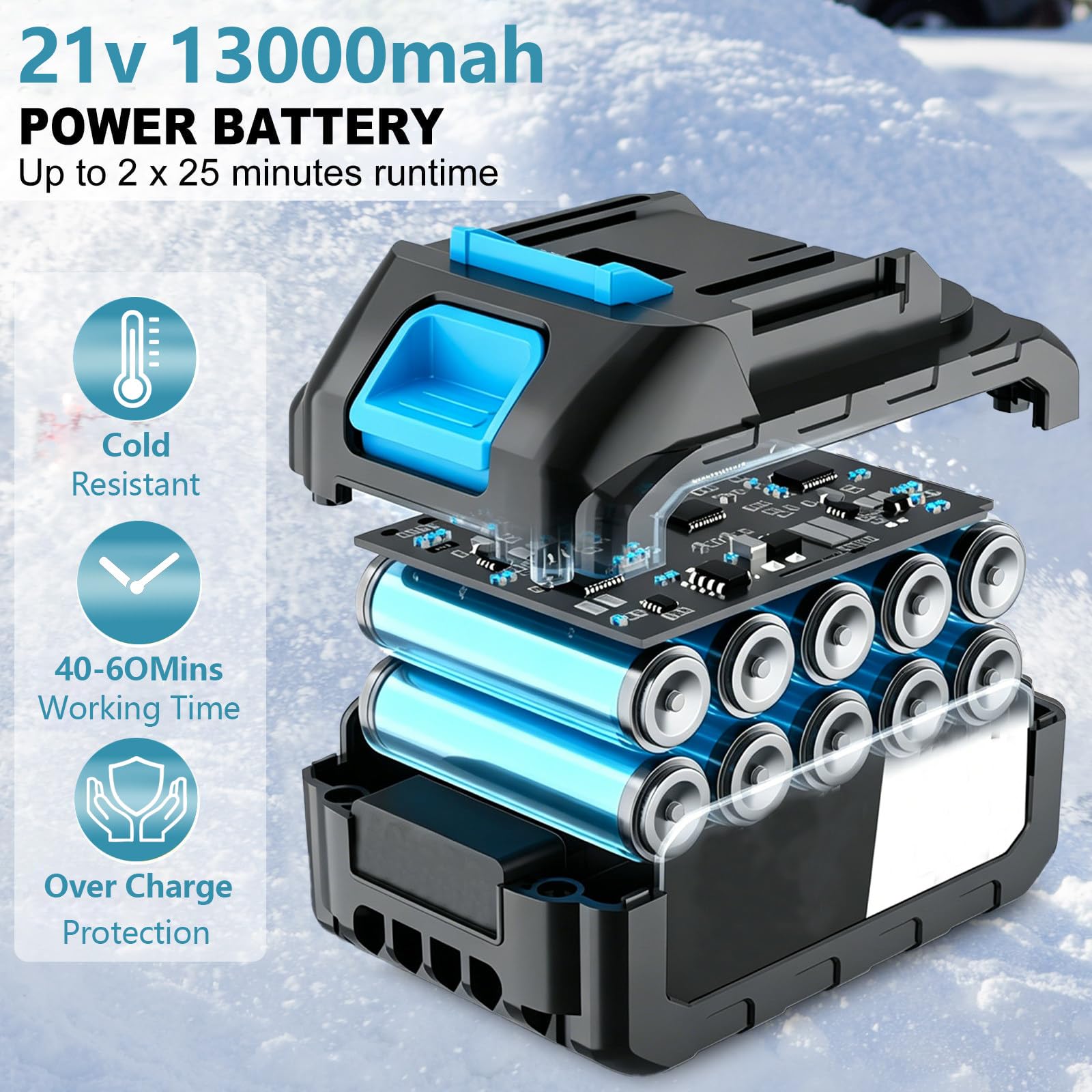 Máquina quitanieve, Ancho 33 cm y Profundidad 13 cm, Motor brushless silencioso, diseño Desmontable, Pala a batería para entradas 2Battery