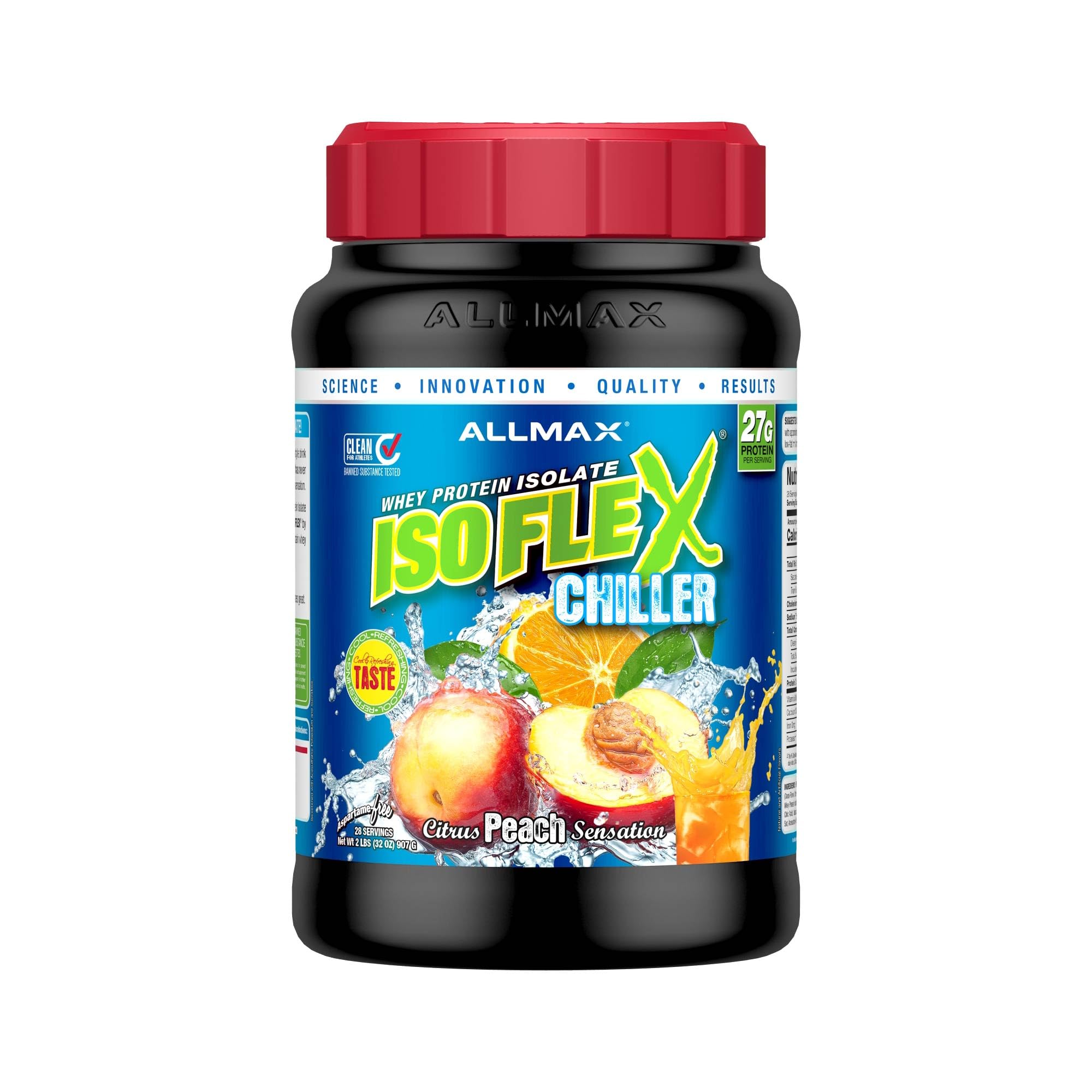 ALLMAX ISOFLEX Chiller Pure Whey Isolate Protein Powder – Gluten Free, Low Lactose, Sugar-Free – High-Protein, Clean, Keto-Friendly, Workout Supplement, Women and Men | Citrus Peach Sensation, 2lb