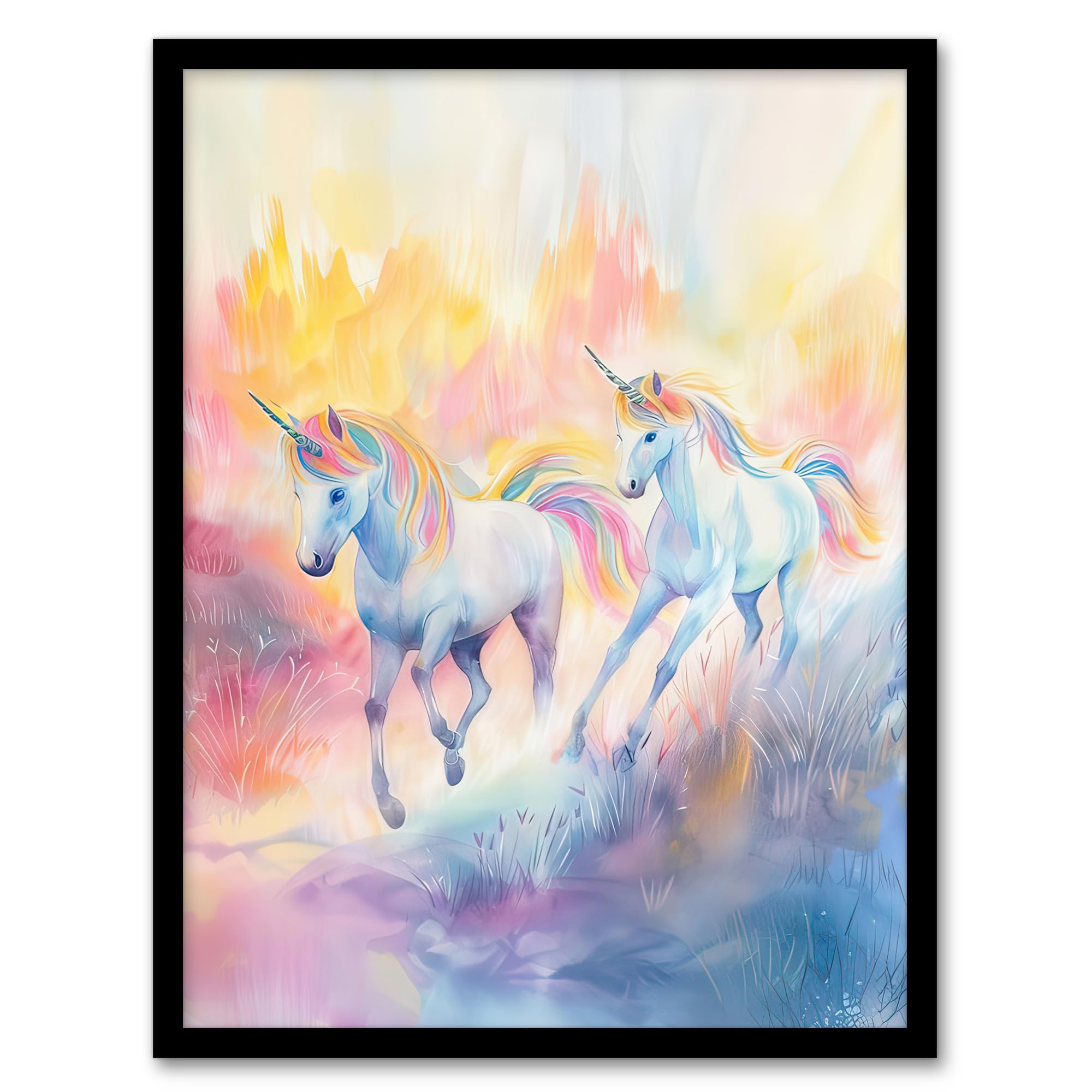 Artery8 Dreamy Rainbow Unicorns in Pastel Colour Forest Kids Bedroom Nursery Artwork Framed Wall Art Print 18X24 Inch