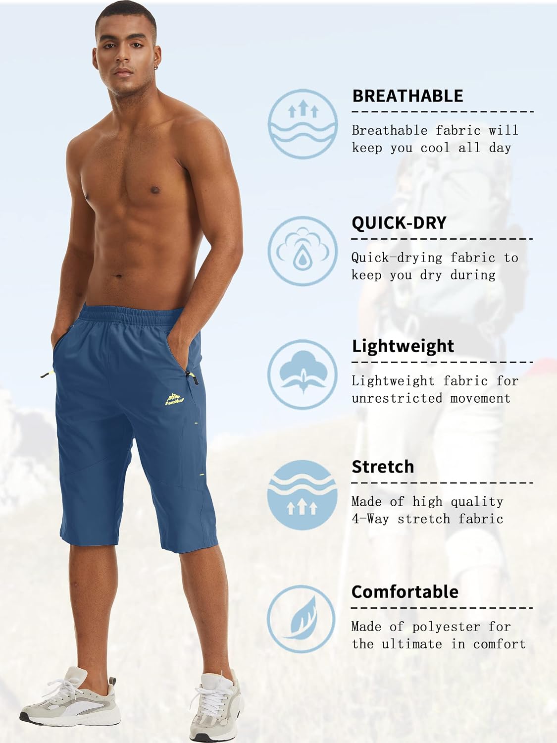TACVASEN Men's Quick Dry Hiking 3/4 Long Capri Shorts Athletic Workout Running Shorts with Zipper Pockets