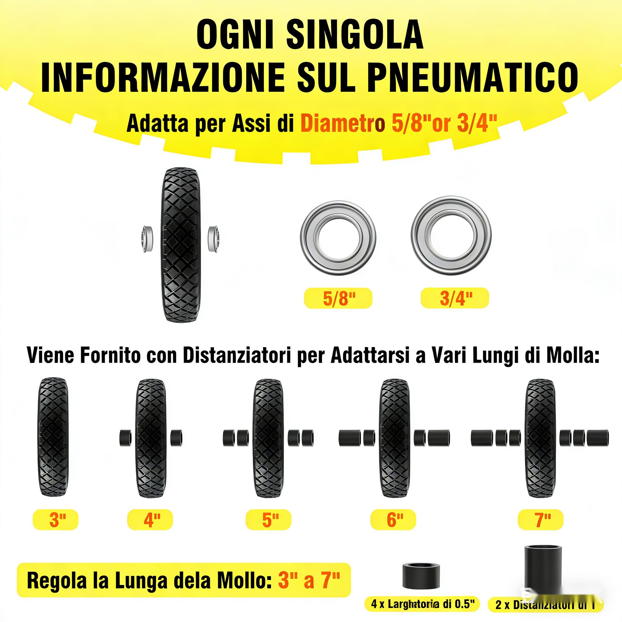 Pneumatico e Ruota Anti-pinchio 4.80/4.00-8" 2 PZ, Ruota Solida da Carrello 38,99 cm con Cuscinetti 15,88 mm & 19,05 mm, Mozzo Centrato 7,62-17,78 cm,per Carrello a Mano/Remorchio da Giardino/Carretto