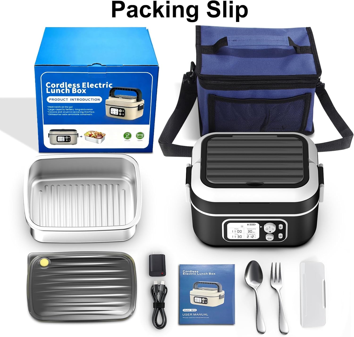 Cordless Electric Heated Lunch Box for Adults, XL 6.3-Cups 24000mAh Rechargeable Battery Powered Smart Self Heating Lunchbox for Men Women, 100W Food Warmer for Trucks Driver Travel Office Worker