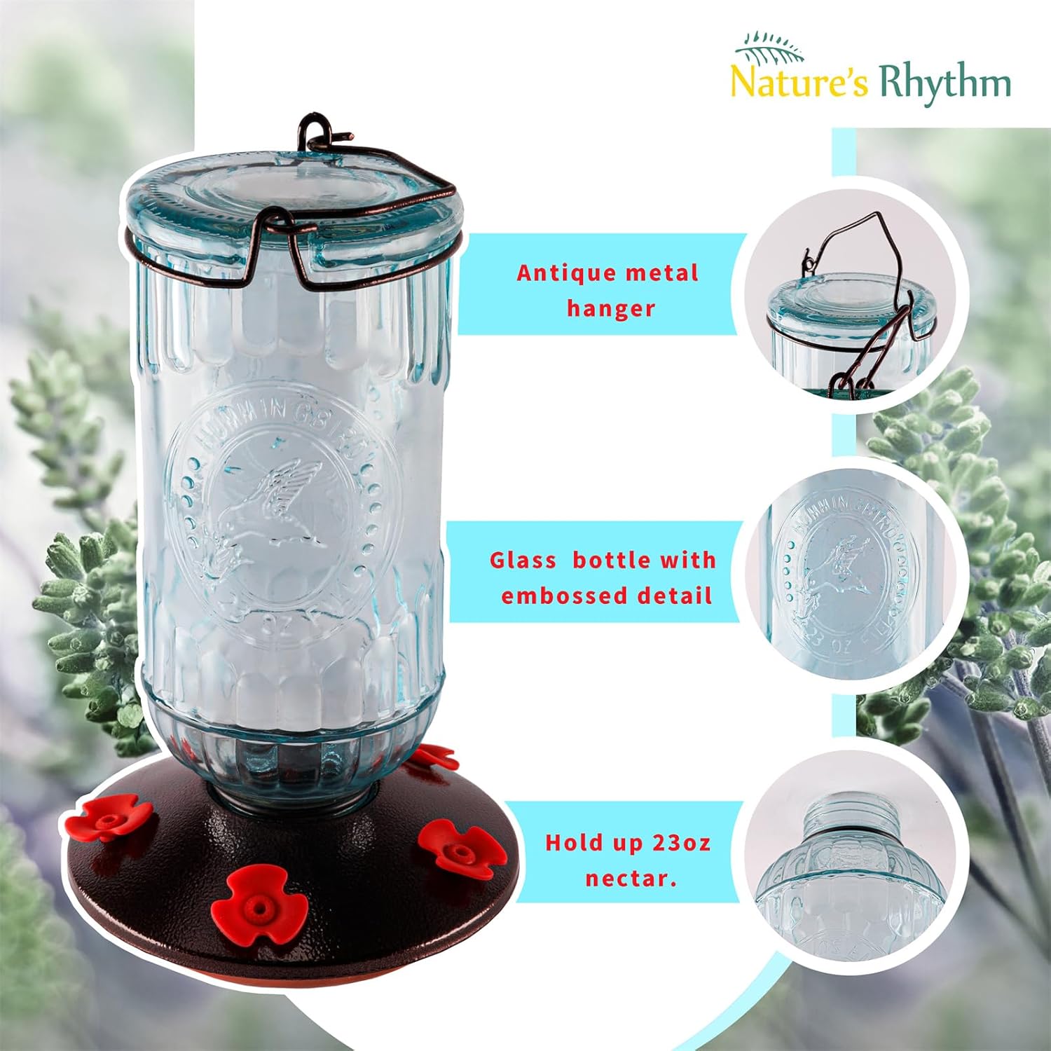 Nature's Rhythm Bird Feeder Vintage Blue Antique Glass Bottle Hummingbird Feeder 5 Feeding Ports and 23-Ounce Nectar CapacityPer Feeder(Blue)