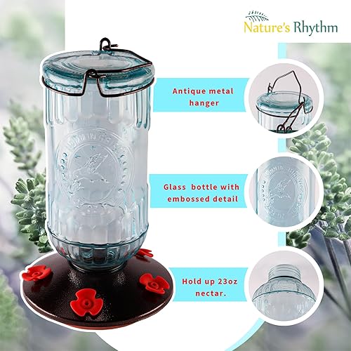 Miniatura 9 de Nature's Rhythm Comedero para pájaros, botella de vidrio antiguo transparente vintage, comedero para colibríes, 5 puertos de alimentación y