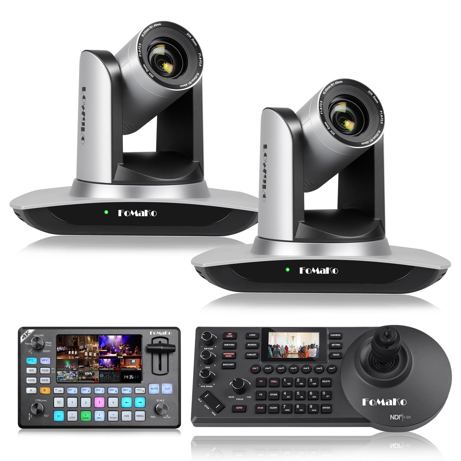 FoMaKo AI Auto Tracking HDMI PTZ Camera, 20x Optical Zoom(2pcs),KC602 Video Mixer Switcher,KC608 Pro PTZ Controller,for Church Services Worship Education(FMK12UHX2+KC602+KC608 Pro)