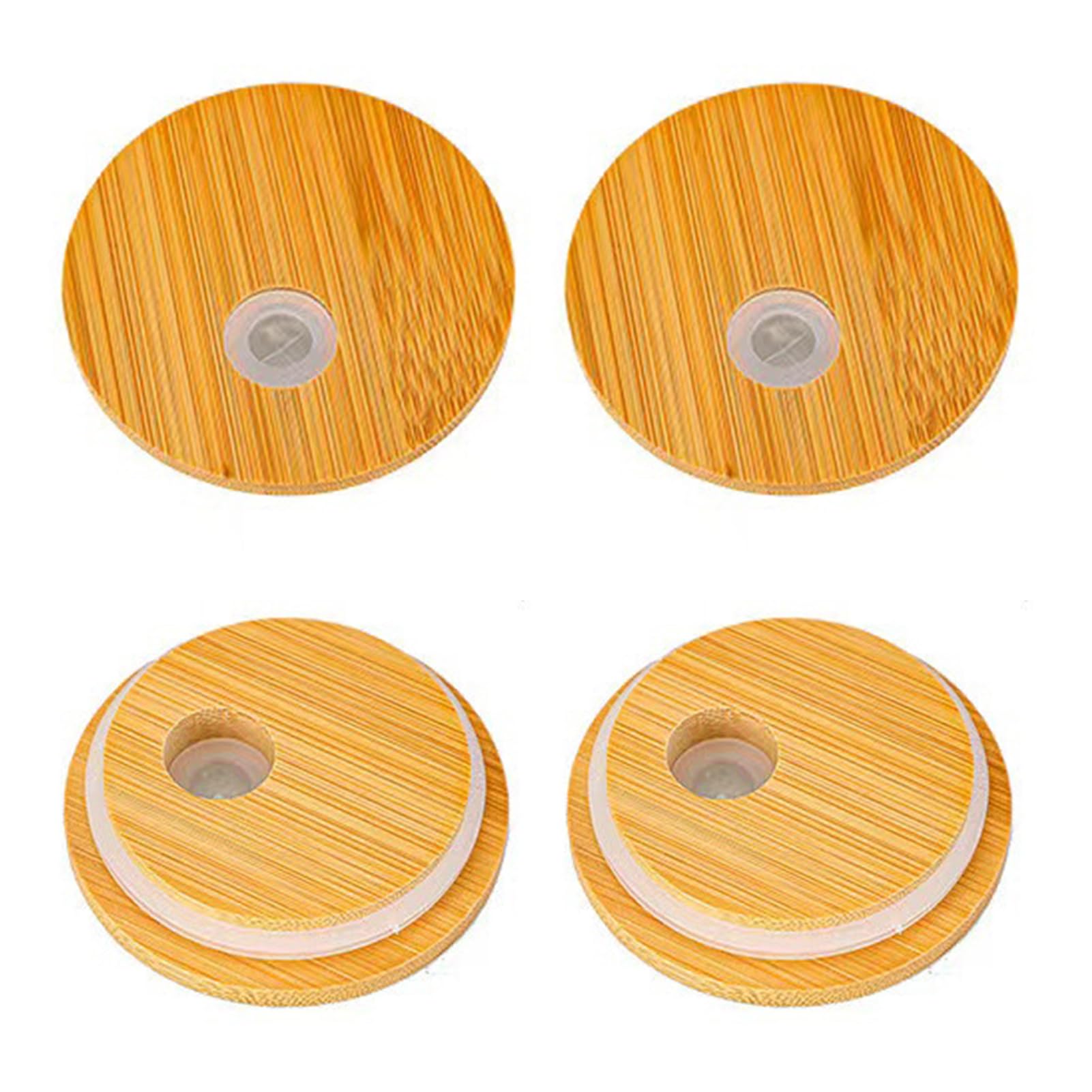Bamboo Cover for Glass Jars Reusable Cup Lid 4 Pcs with Straw Hole Leak-proof Silicone Seal Regular Mouth 2.76inch Canning Replacement Beer Glasses Wooden Color