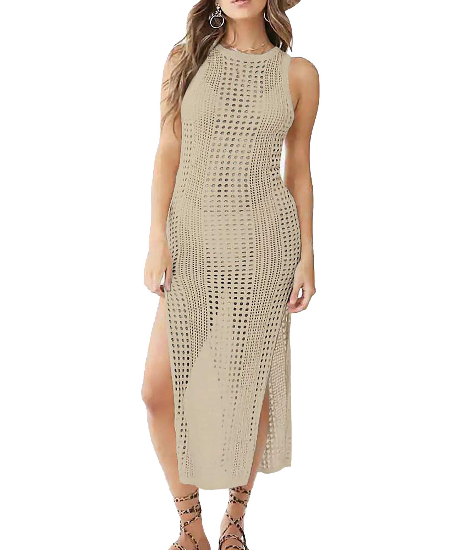 bestyouCrochet Cover Ups for Women Hollow Out Sleeveless Bikini Swimsuit Swimwear Side Split Long Beach Dresses