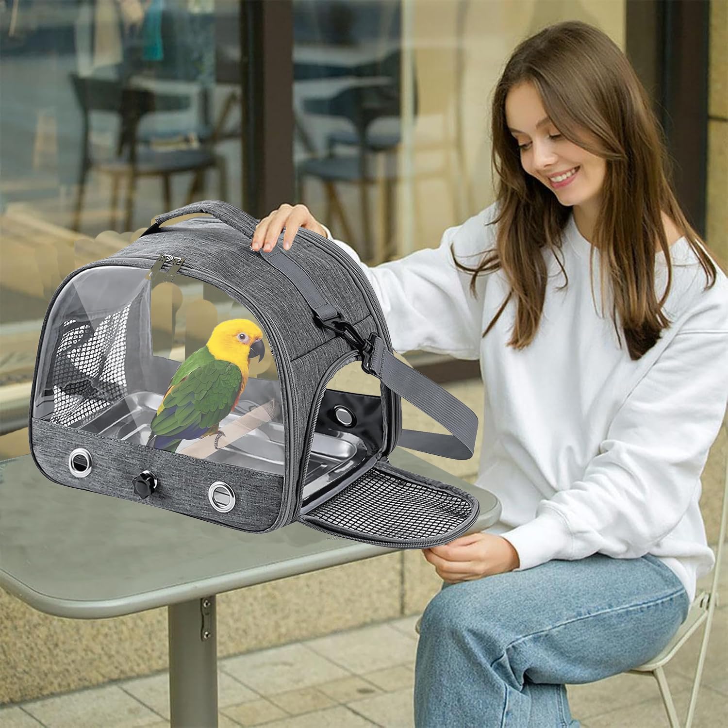 Bolsa de transporte para pájaros, portátil, transpirable, jaula de viaje con bandeja y postes de acero inoxidable, apto para pájaros, animales pequeños (gris)