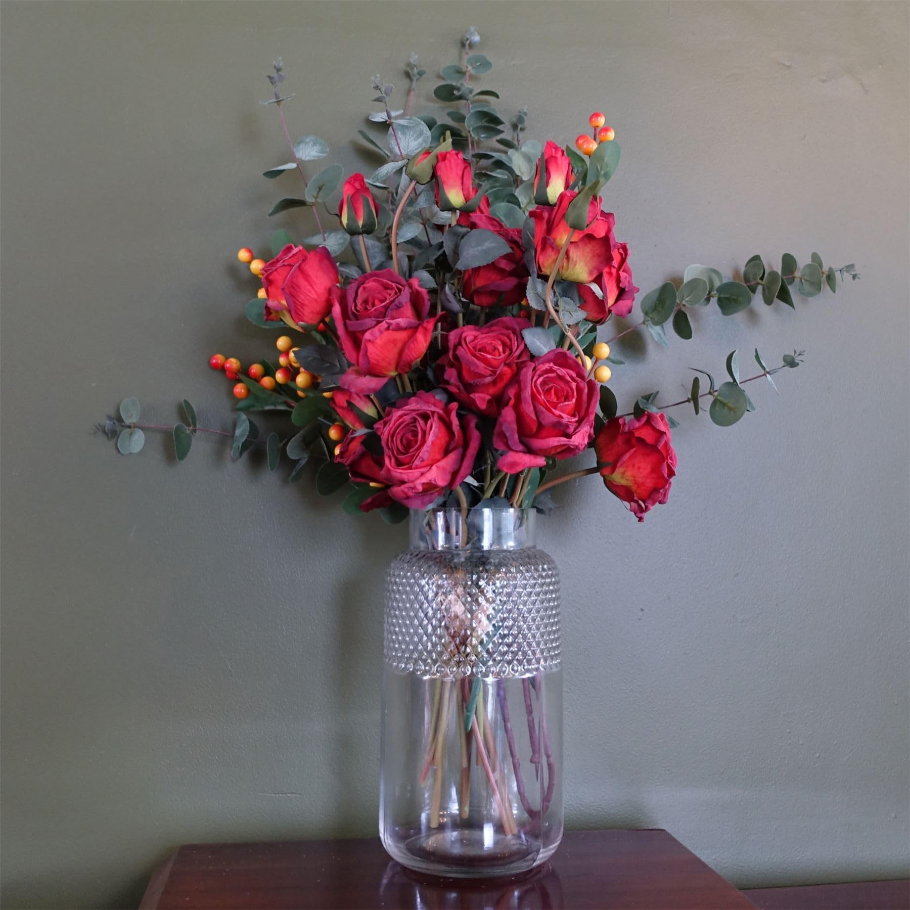 Leaf Red Rose and Eucalyptus Artificial Flower Bundle with Glass Diamond Vase 60cm
