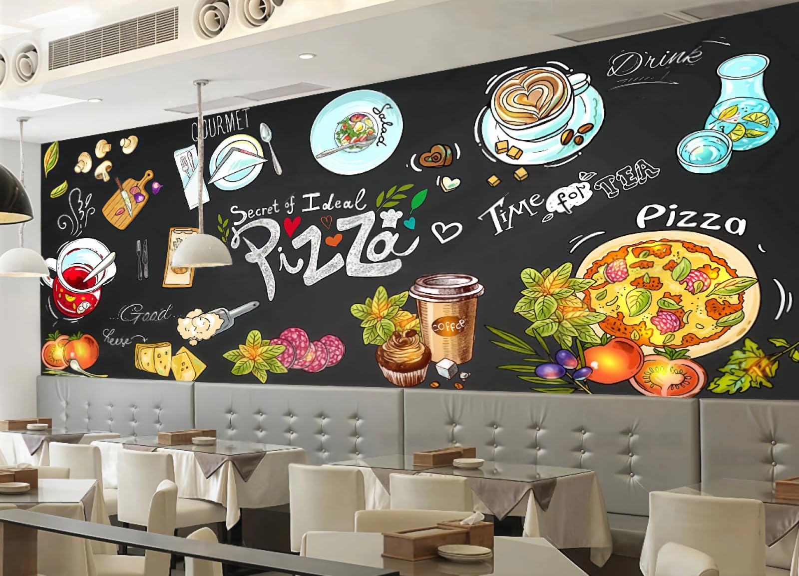 rskjdghshd Wallpaper Retro Blackboard Hand-Painted Pizza Shop Fried Chicken Bread Dessert Afternoon Tea Background Wall Western Restaurant Wallpaper Cafe Mural,3D,350x245cm