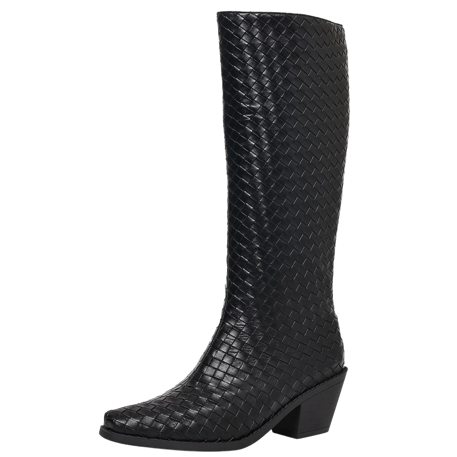 Womens Elegant Knee High Boots Slip-on Riding Boots with Comfort Block Heel Woven Upper for Trendy Outfits