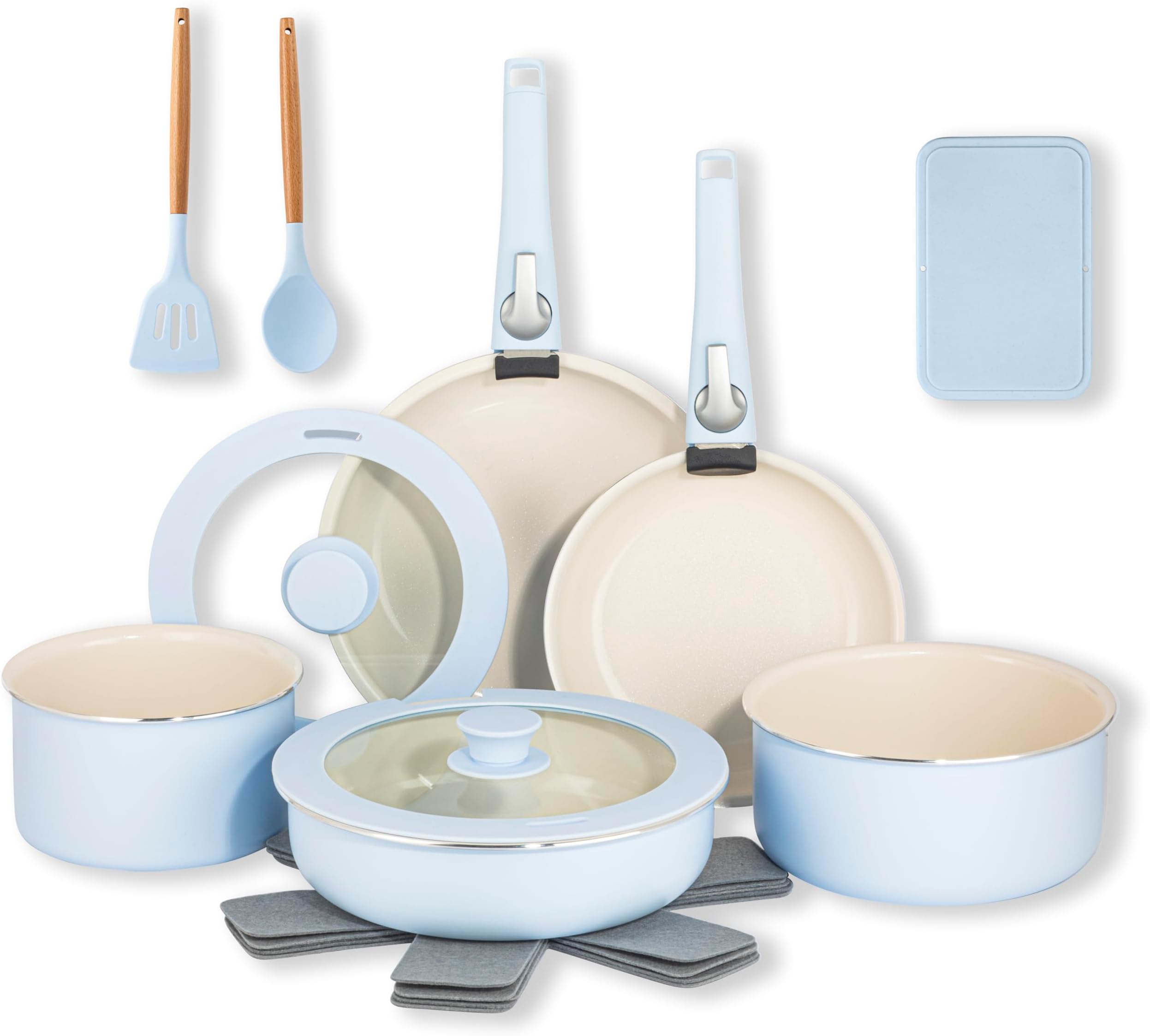 18 Pc Removeable Handle Pots and Pans Set Non Stick, Kitchen Cookware Sets, Ceramic Cookware Set, Non Toxic, Nesting Camping Cookware, Oven and Dishwasher Safe - Blue
