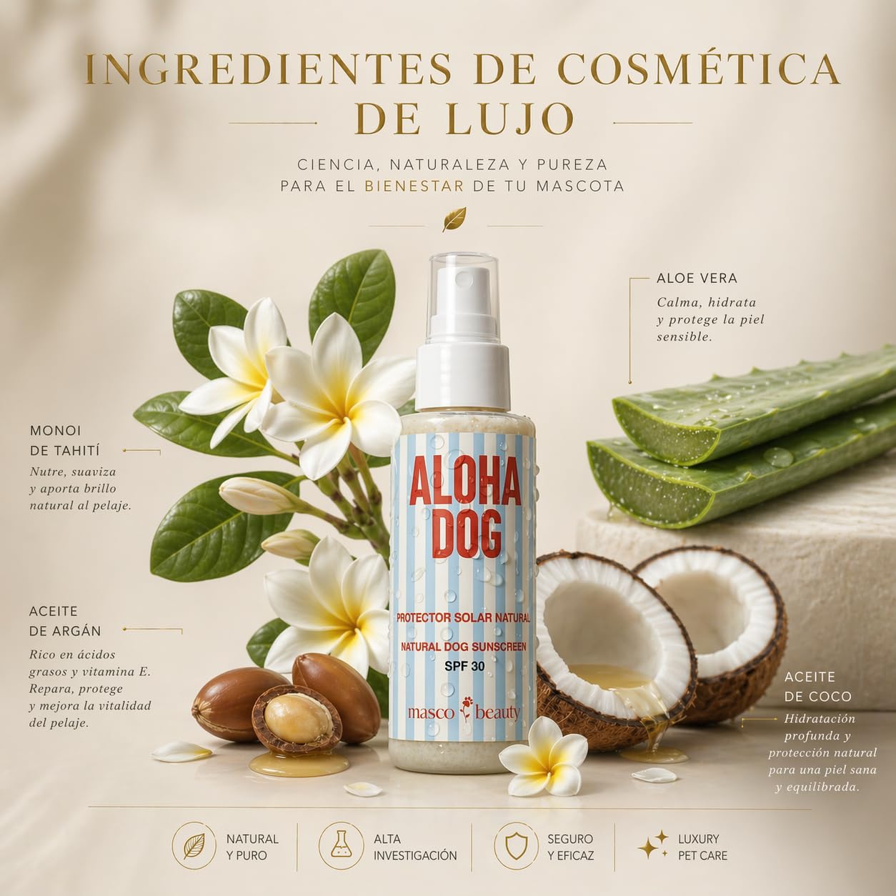 Protector Solar para Perros y Mascotas con SPF 30 en Spray Transparente de 100 ml con Citronella - Spray Solar Perro Resistente al Agua, Sunscreen Perro con Monoi Argán - Made in Spain