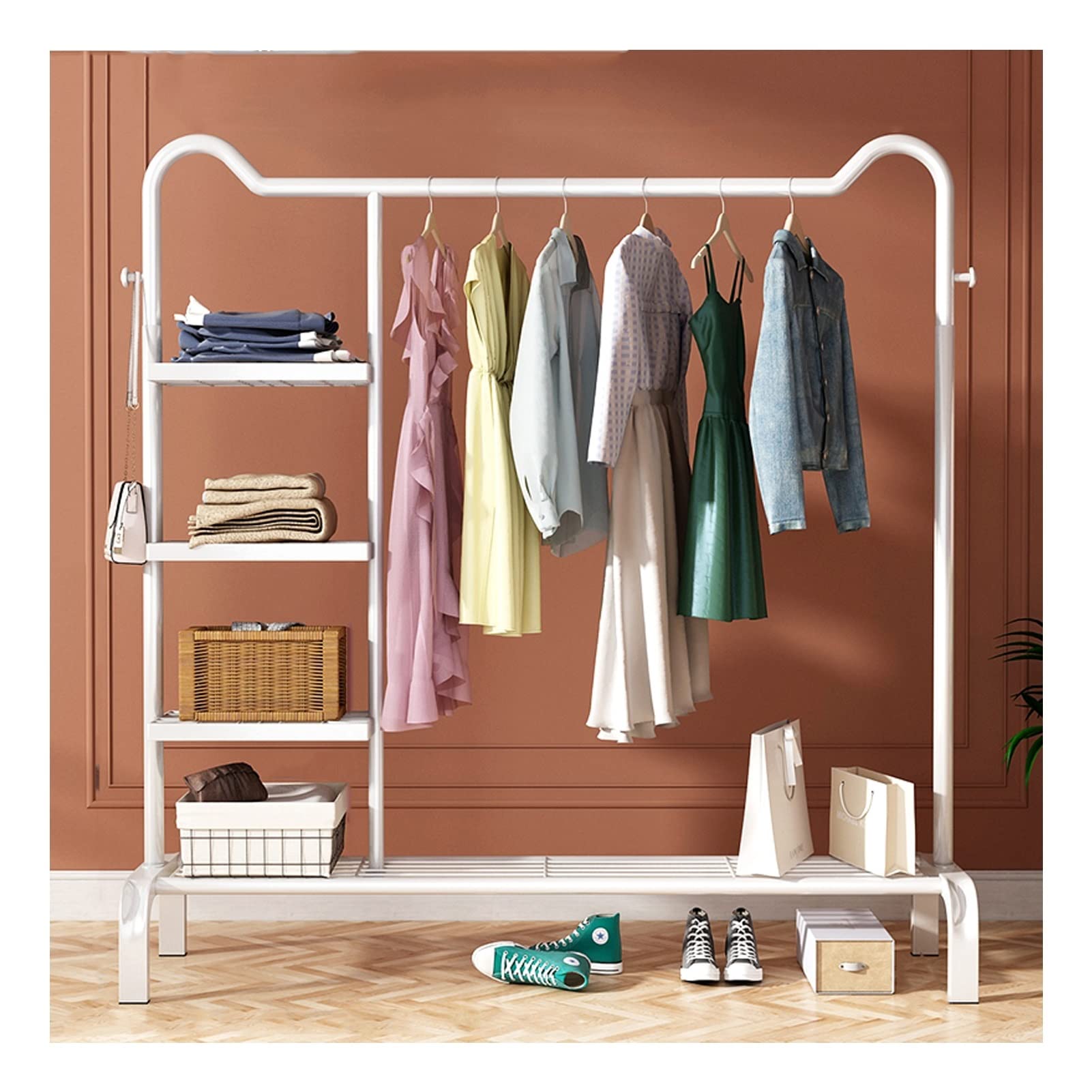 Porte-vêtements multifonctionnel en métal blanc pour rangement maison