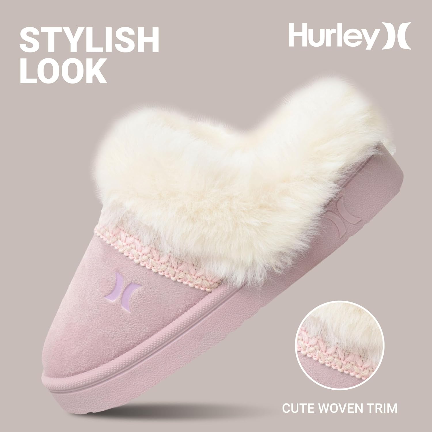 Hurley Kids Kimmie House Slippers for Kids, Faux Fur Lined Clog Slippers for Girls and Boys, Comfy House Shoes with Rubber Sole