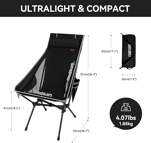 Miniatura 2 de TOBTOS Silla de camping portátil de respaldo alto, soporta 440 libras, silla plegable compacta con almohada desmontable para campamento, senderismo,