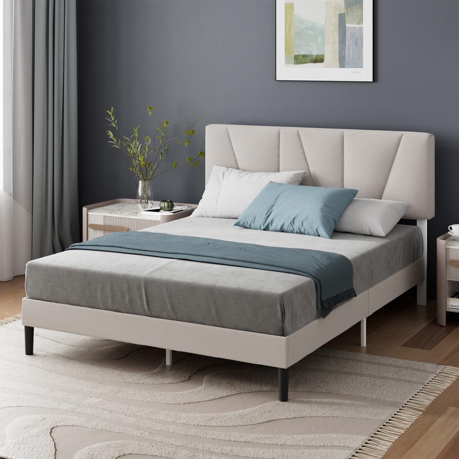 ZINUS Maya Upholstered Bed Frame with Headboard 30cm Off White Semi Double