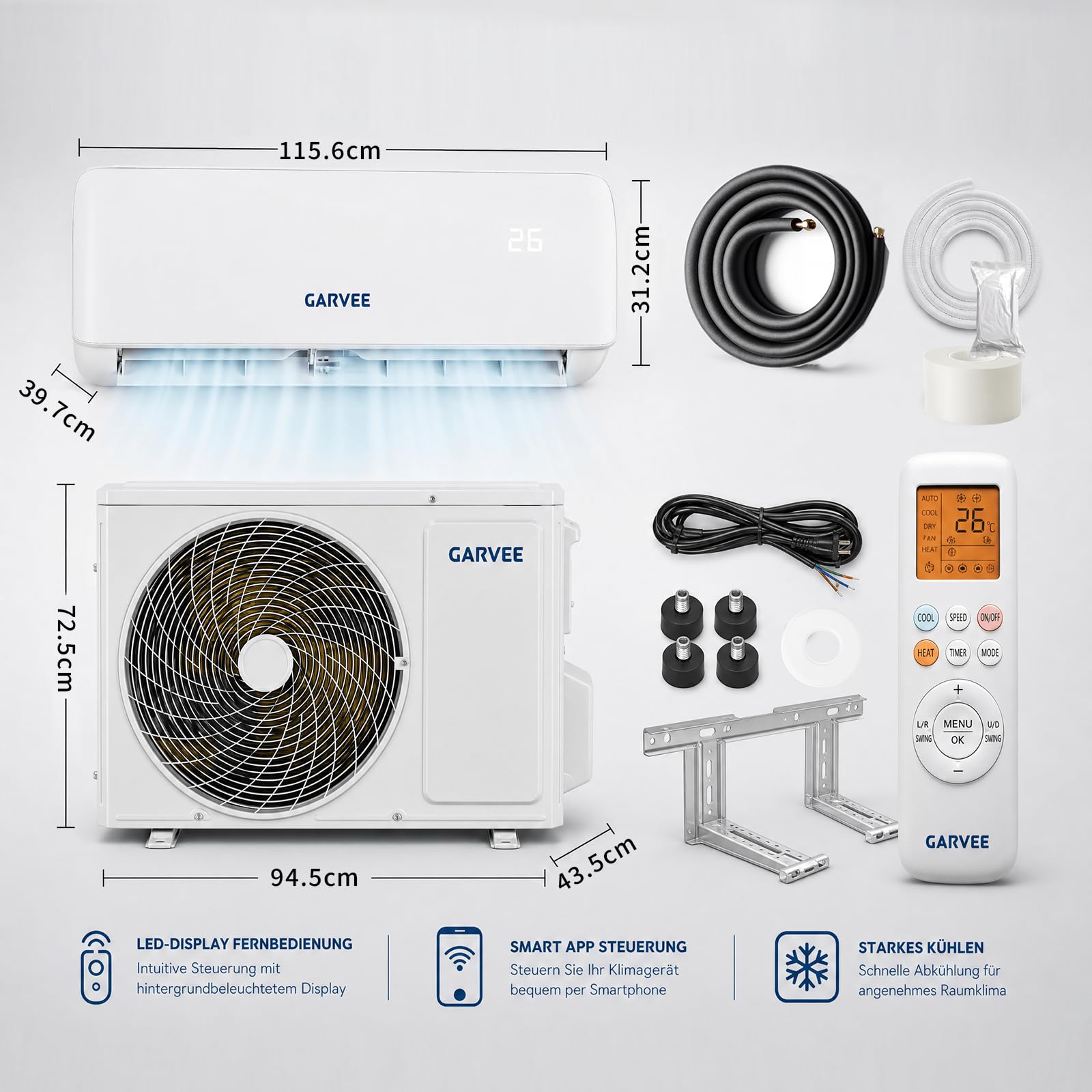 24000 BTU Split Inverter Anlage 7,2 kW Kühlen & Heizen | A++ Effizienz, R32, WiFi App Steuerung, leise | Bis 110 qm Nutzfläche, mit sämtlichem Montagezubehör