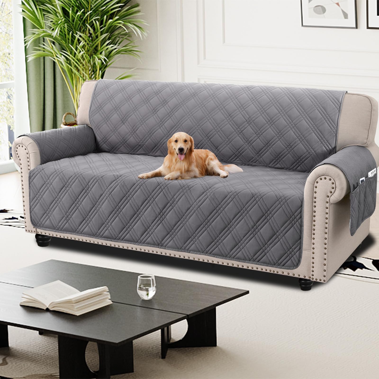 H.Versailtex Grey Sofa Covers 3 Seater, 100% Waterproof Couch Covers with Side Pocket, Non Slip Sofa Protectors From Pets, Washable Sofa Protector with Elastic Strap, Grey