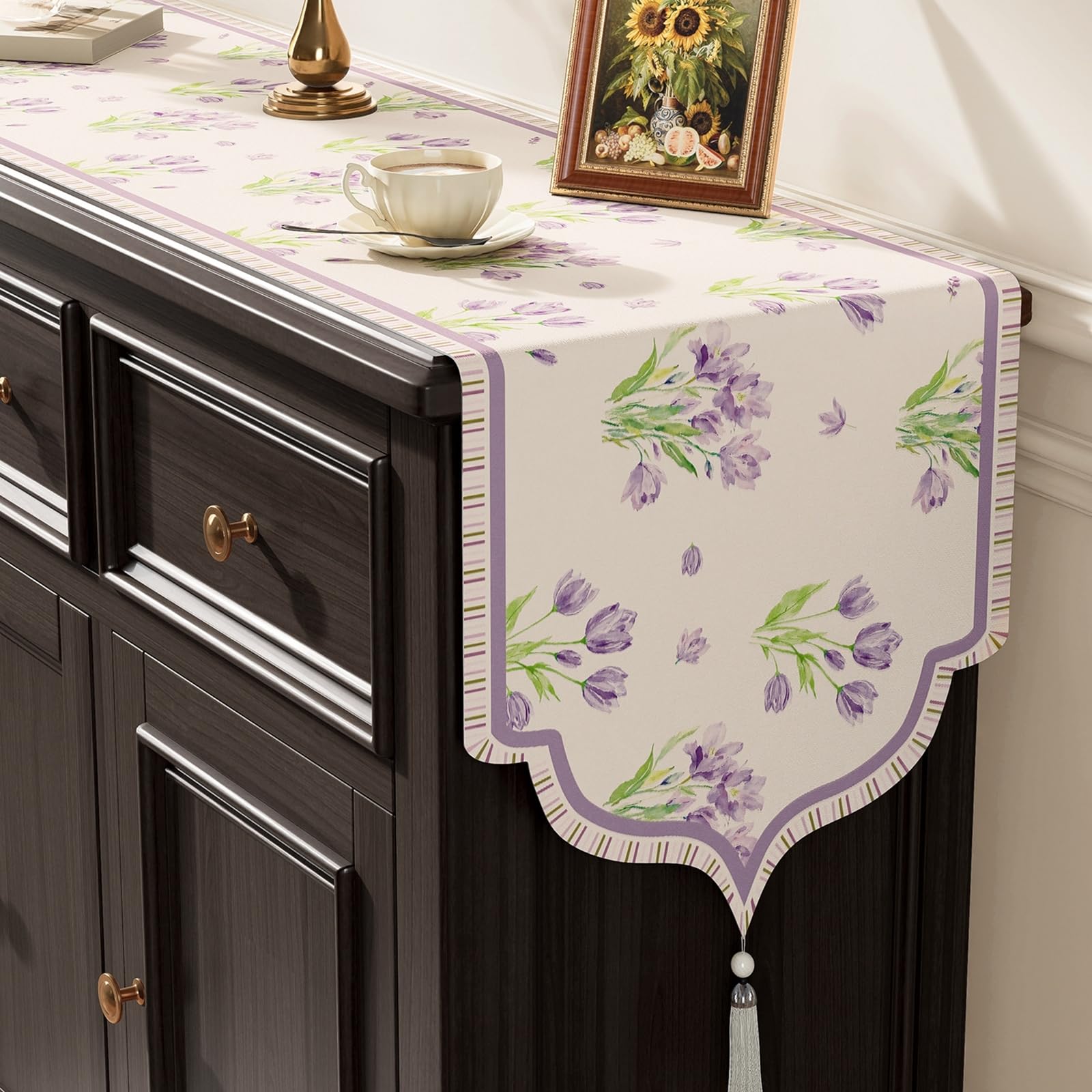 Chemin de Table Champetre 35x220cm, Chemin de Table Mariage Rustique Polyester Effet Lin À Motif Floral