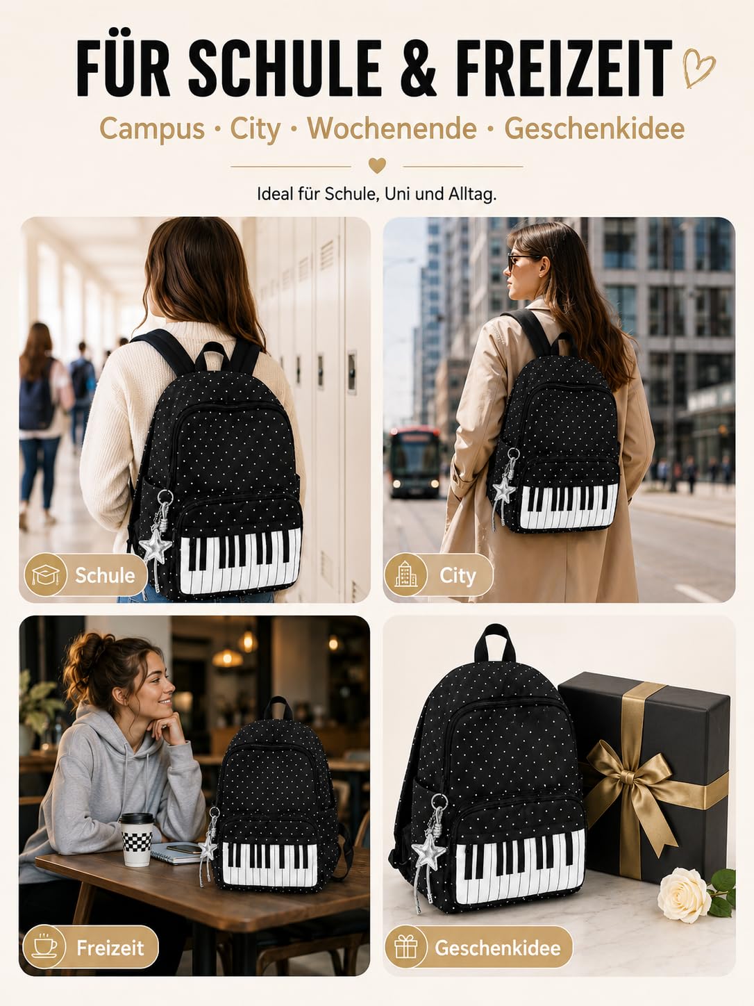 Piano Casual Rucksack, Polka Dot Music Backpack with Star Charm, Large Capacity Laptop School Bookbag for Women Girls College Travel (Schwarz+Weiß)