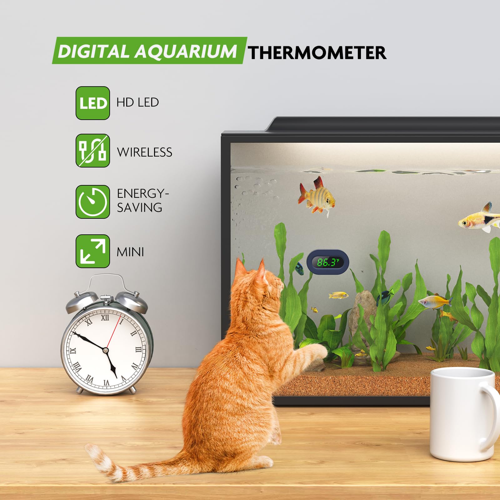 PAIZOO Aquarium Thermometer Digital, LED Display Fish Tank Thermometer Stick On Highly Accurate to ±0.9?, Wireless Temperature Measurement for Fish, Betta, Aquatic, Replaceable Battery
