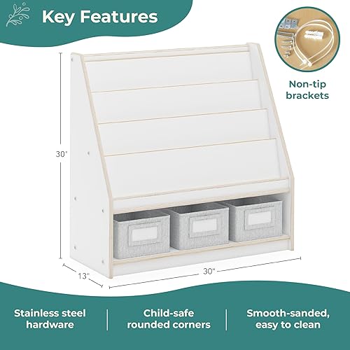 Miniatura 2 de Guidecraft EdQ - Expositor de libros y contenedores naturales con 3 contenedores de tela de almacenamiento estanterías multiusos de madera y